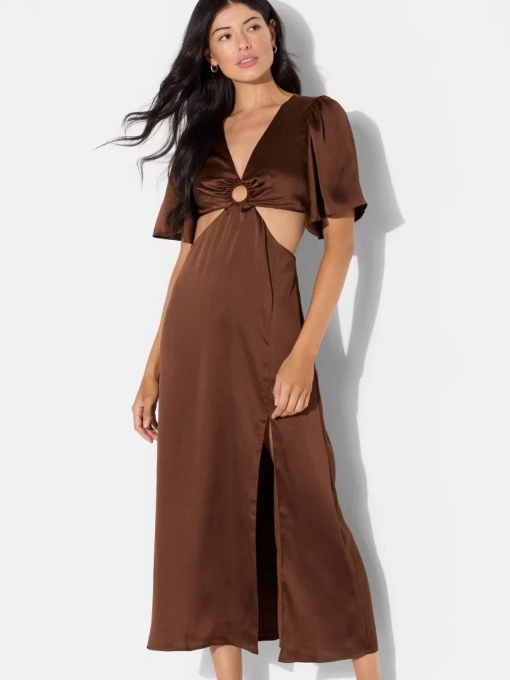 Wild Fable Chocolate Brown Satin Cutout Maxi Dress with Ring Front size XXS